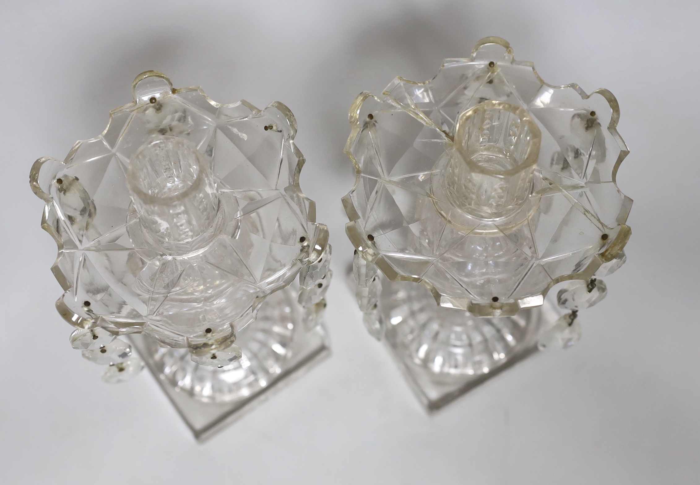 A pair of 19th century glass lustre candlesticks with drops, 22cm high